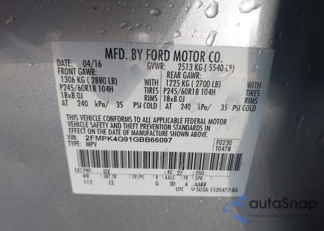 2016 Ford Edge Se from USA, damaged, VIN 2FMPK4G91GBB66097